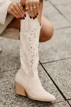 Damskie Boto Kozaki Kowbojki Na Słupku Z Ażurowym Wzorem Przed Kolano Jasnobeżowe Innathoria