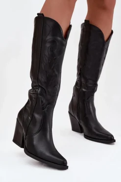 Hot Boto Kozaki Kowbojki Na Słupku Eko Skórzane Ocieplane Czarne Zareen