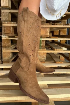 Hot Boto Kozaki Kowbojki Z Ażurowym Wzorem Na Niskim Obcasie Khaki Selirae