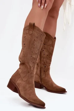 Hot Boto Kozaki Kowbojki Z Ażurowym Wzorem Na Niskim Obcasie Khaki Selirae