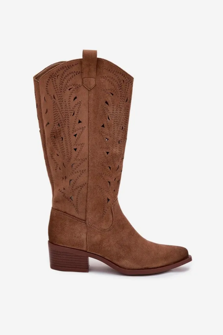 Hot Boto Kozaki Kowbojki Z Ażurowym Wzorem Na Niskim Obcasie Khaki Selirae