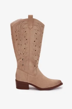 Boto Kozaki Ocieplane|Kozaki Ażurowe*Kozaki Kowbojki Z Ażurowym Wzorem Na Niskim Obcasie Beżowe Selirae