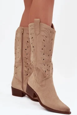 Boto Kozaki Ocieplane|Kozaki Ażurowe*Kozaki Kowbojki Z Ażurowym Wzorem Na Niskim Obcasie Beżowe Selirae