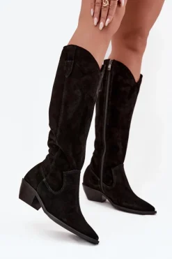 Damskie Zazoo Kozaki Kowbojki Z Naturalnego Zamszu Ocieplane 4225 Czarne