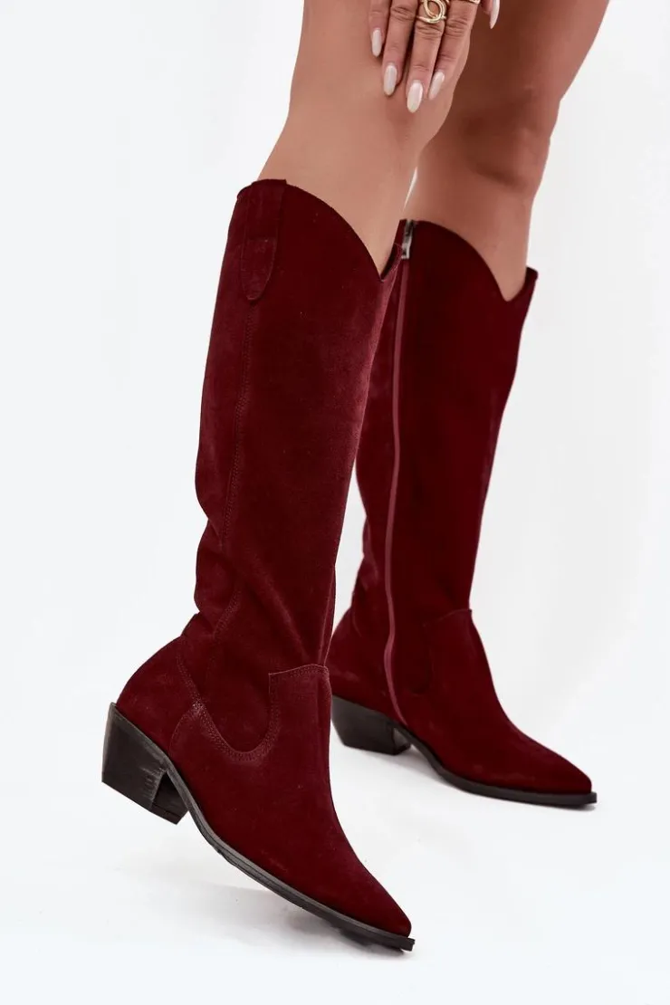 New Zazoo Kozaki Kowbojki Z Naturalnego Zamszu Ocieplane 4225 Bordowe Czerwony