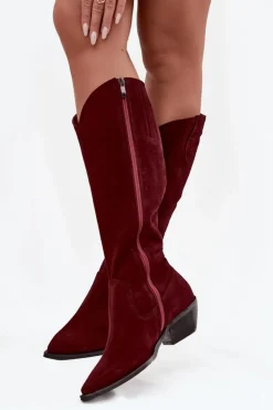 New Zazoo Kozaki Kowbojki Z Naturalnego Zamszu Ocieplane 4225 Bordowe Czerwony