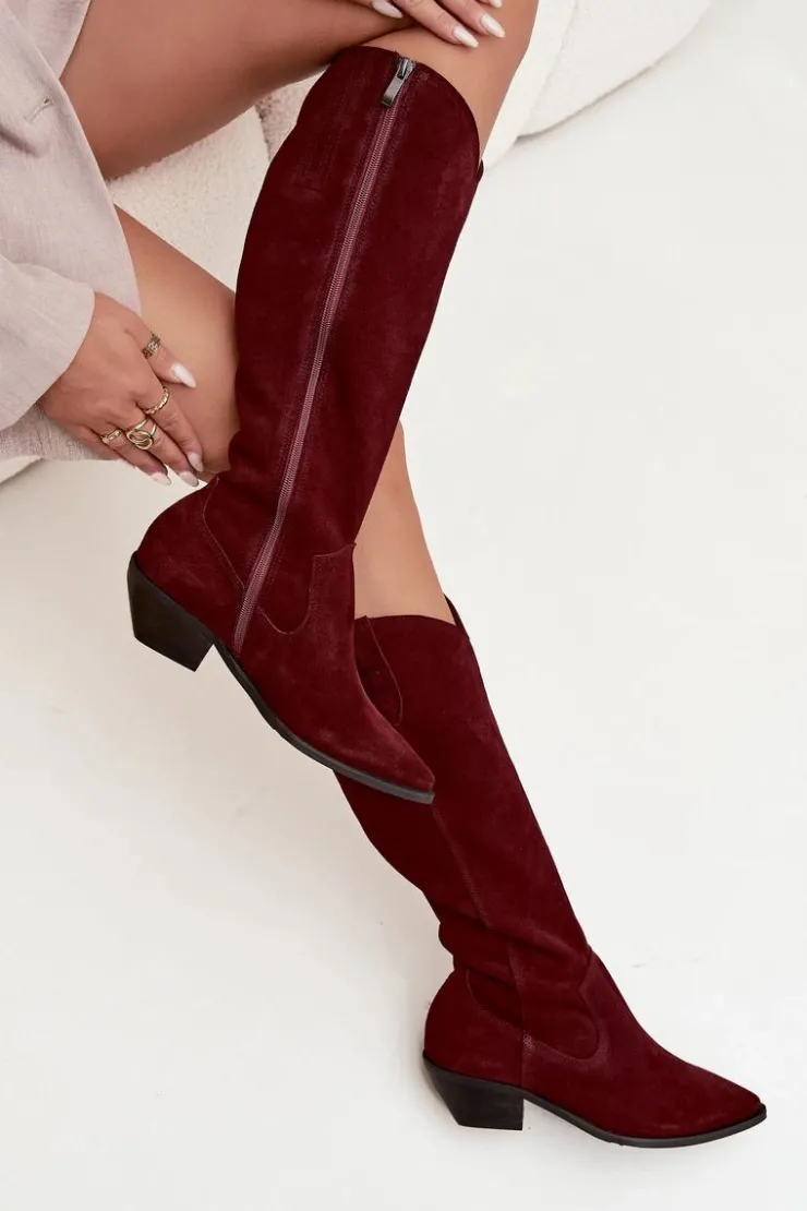 New Zazoo Kozaki Kowbojki Z Naturalnego Zamszu Ocieplane 4225 Bordowe Czerwony