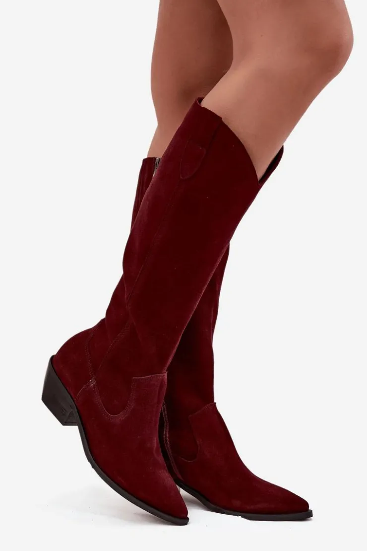 New Zazoo Kozaki Kowbojki Z Naturalnego Zamszu Ocieplane 4225 Bordowe Czerwony