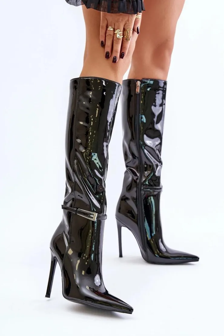 Boto Kozaki Ocieplane|Kozaki Na Szpilce*Kozaki Lakierowane Ocieplane Na Szpilce Z Klamrą Czarne Tameliae