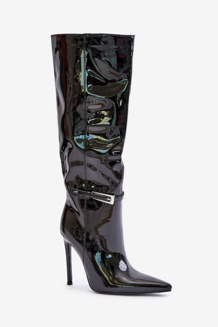 Boto Kozaki Ocieplane|Kozaki Na Szpilce*Kozaki Lakierowane Ocieplane Na Szpilce Z Klamrą Czarne Tameliae