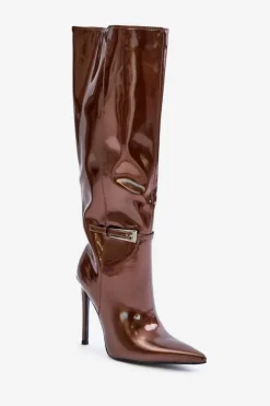 Damskie Boto Kozaki Lakierowane Ocieplane Na Szpilce Z Klamrą Brązowe Tameliae