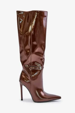 Damskie Boto Kozaki Lakierowane Ocieplane Na Szpilce Z Klamrą Brązowe Tameliae