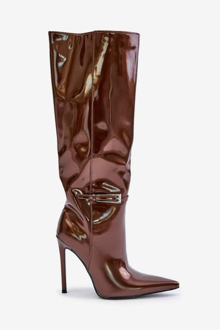 Damskie Boto Kozaki Lakierowane Ocieplane Na Szpilce Z Klamrą Brązowe Tameliae