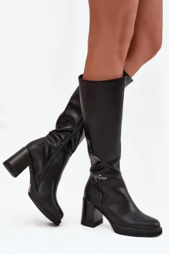 Hot Buty damskie Vinceza Kozaki Muszkieterki Damskie Z Naturalnej Skóry Na Słupku Ocieplane Vinceza 66826 Czarne