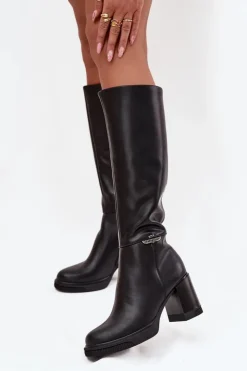 Hot Buty damskie Vinceza Kozaki Muszkieterki Damskie Z Naturalnej Skóry Na Słupku Ocieplane Vinceza 66826 Czarne