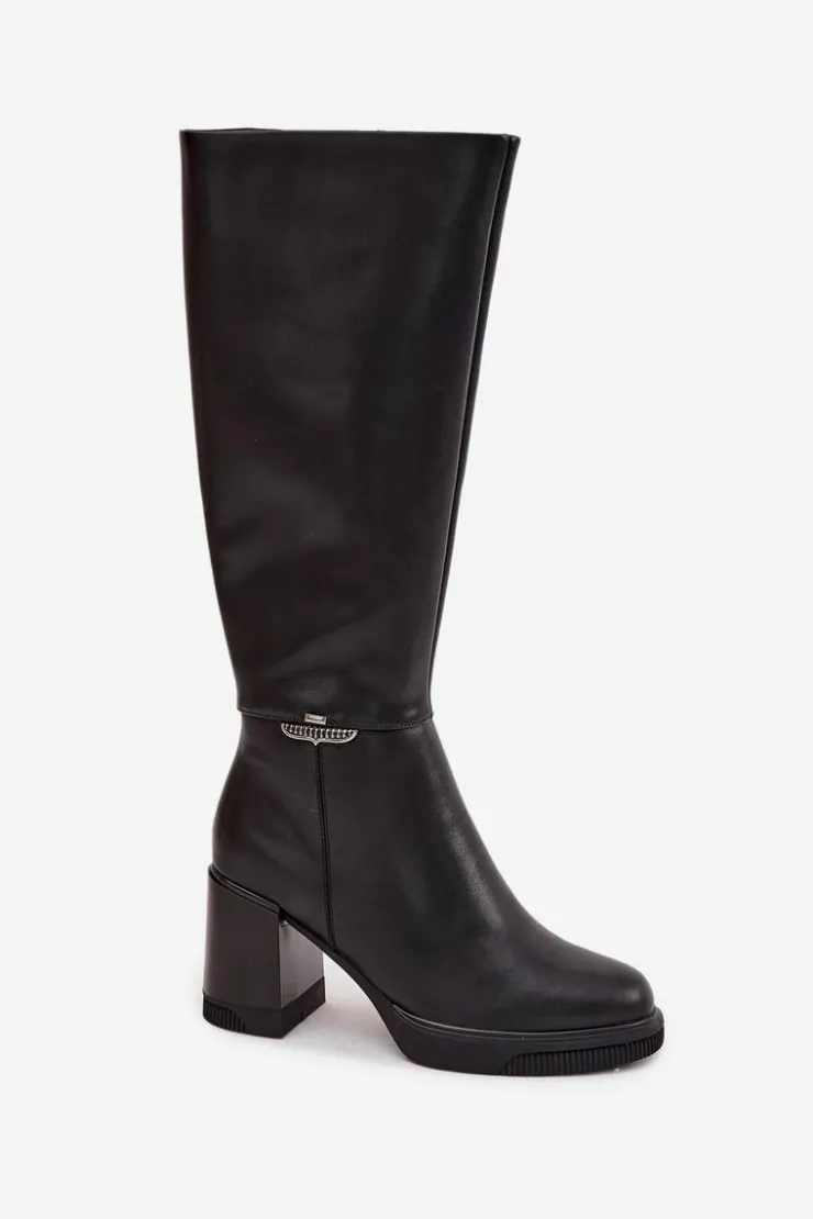 Hot Buty damskie Vinceza Kozaki Muszkieterki Damskie Z Naturalnej Skóry Na Słupku Ocieplane Vinceza 66826 Czarne