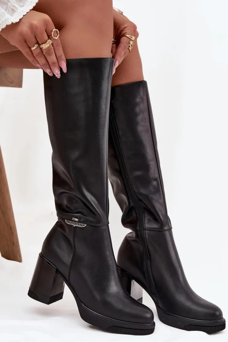 Hot Buty damskie Vinceza Kozaki Muszkieterki Damskie Z Naturalnej Skóry Na Słupku Ocieplane Vinceza 66826 Czarne