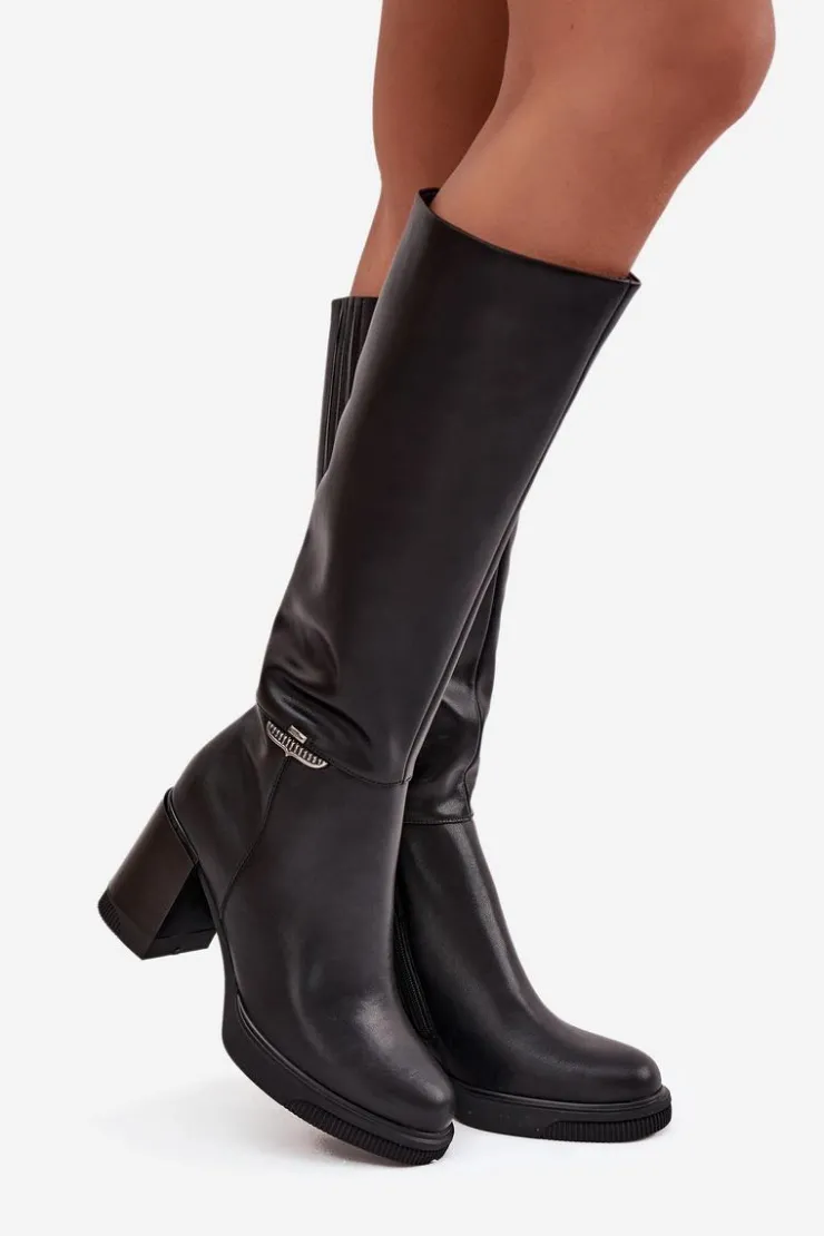 Hot Buty damskie Vinceza Kozaki Muszkieterki Damskie Z Naturalnej Skóry Na Słupku Ocieplane Vinceza 66826 Czarne