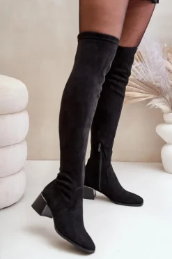 Sale Boto Kozaki Na Obcasie Klocku Za Kolano Z Eko Zamszu Czarne Galadi