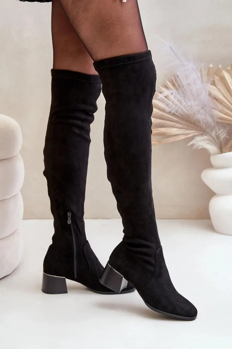 Sale Boto Kozaki Na Obcasie Klocku Za Kolano Z Eko Zamszu Czarne Galadi