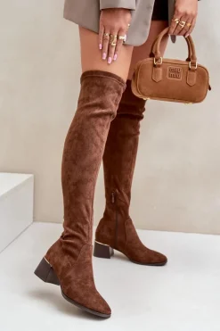 Damskie Boto Kozaki Na Obcasie Klocku Za Kolano Z Eko Zamszu Brązowe Galadi