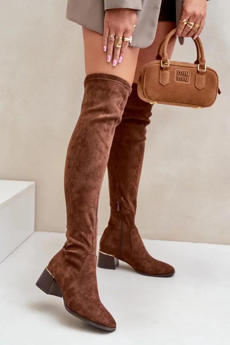 Damskie Boto Kozaki Na Obcasie Klocku Za Kolano Z Eko Zamszu Brązowe Galadi