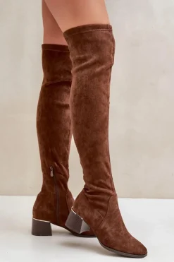 Damskie Boto Kozaki Na Obcasie Klocku Za Kolano Z Eko Zamszu Brązowe Galadi
