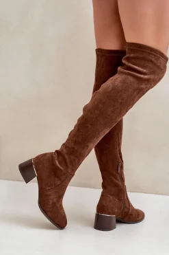 Damskie Boto Kozaki Na Obcasie Klocku Za Kolano Z Eko Zamszu Brązowe Galadi