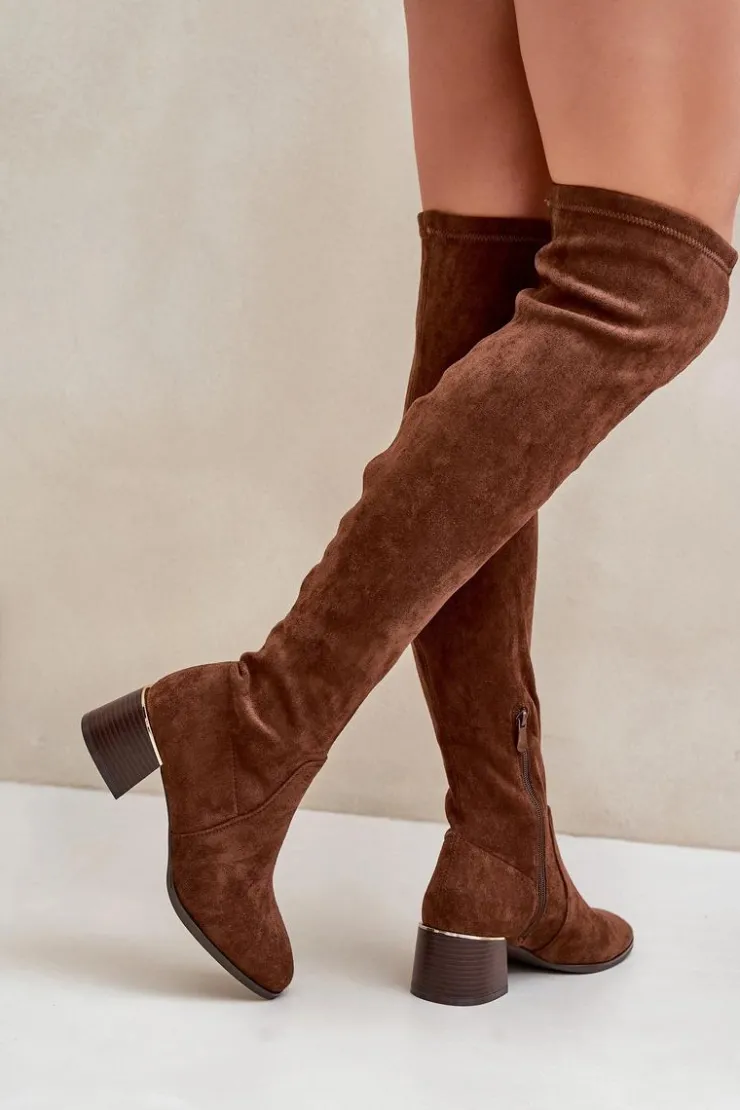 Damskie Boto Kozaki Na Obcasie Klocku Za Kolano Z Eko Zamszu Brązowe Galadi
