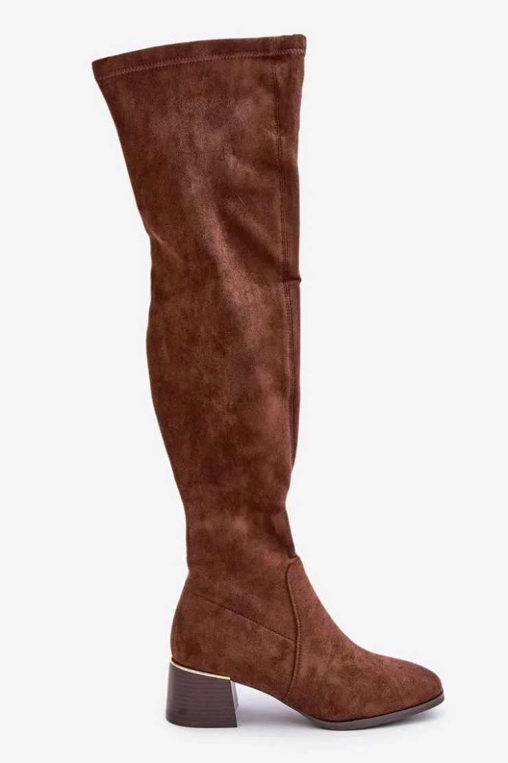 Damskie Boto Kozaki Na Obcasie Klocku Za Kolano Z Eko Zamszu Brązowe Galadi