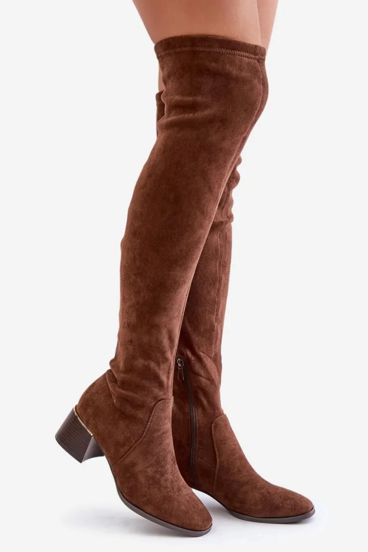 Damskie Boto Kozaki Na Obcasie Klocku Za Kolano Z Eko Zamszu Brązowe Galadi