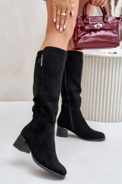 Damskie Boto Kozaki Na Obcasie Z Eko Zamszu Przed Kolano Czarne Izanae