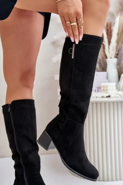 Damskie Boto Kozaki Na Obcasie Z Eko Zamszu Przed Kolano Czarne Izanae