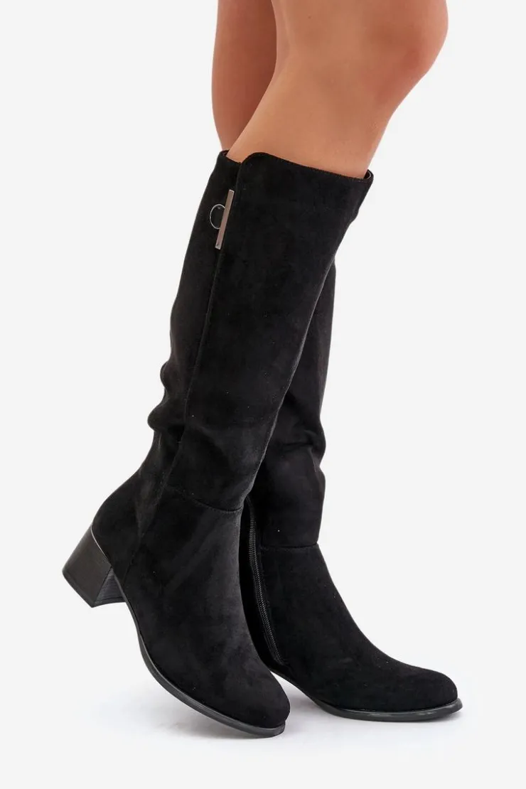 Damskie Boto Kozaki Na Obcasie Z Eko Zamszu Przed Kolano Czarne Izanae