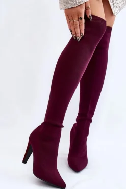 Damskie Boto Kozaki Na Obcasie Ze Skarpetą Bordowe Renoli