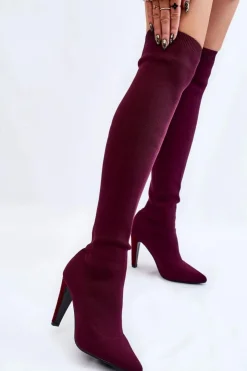 Damskie Boto Kozaki Na Obcasie Ze Skarpetą Bordowe Renoli