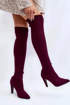 Damskie Boto Kozaki Na Obcasie Ze Skarpetą Bordowe Renoli