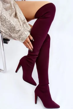 Damskie Boto Kozaki Na Obcasie Ze Skarpetą Bordowe Renoli