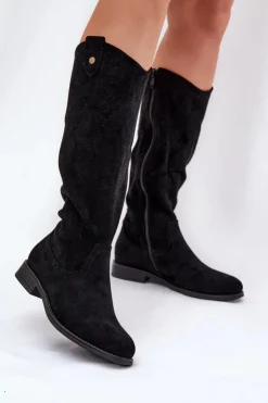 Damskie buty S.Barski Kozaki Wiosenne|Kozaki Ażurowe*Kozaki Na Płaskim Obcasie Z Ażurowym Wzorem S.Barski HY51-062 Czarne Czarny