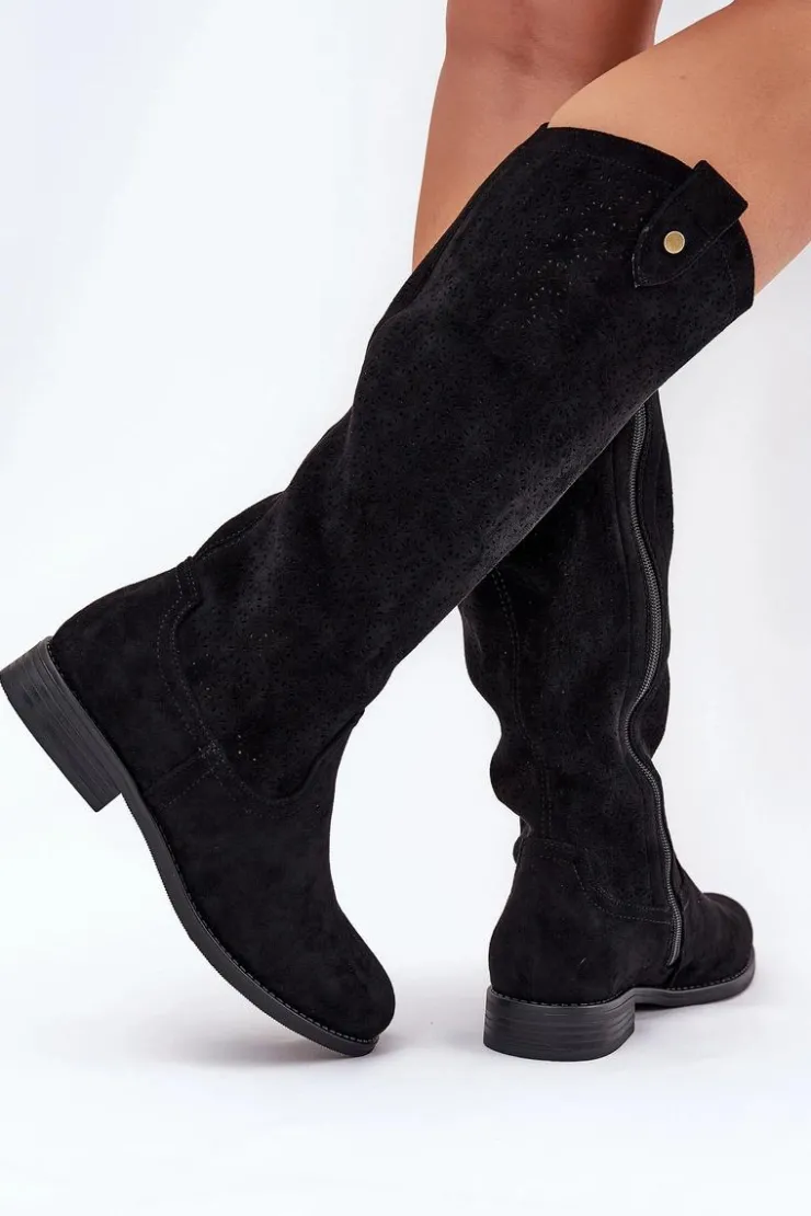 Damskie buty S.Barski Kozaki Wiosenne|Kozaki Ażurowe*Kozaki Na Płaskim Obcasie Z Ażurowym Wzorem S.Barski HY51-062 Czarne Czarny