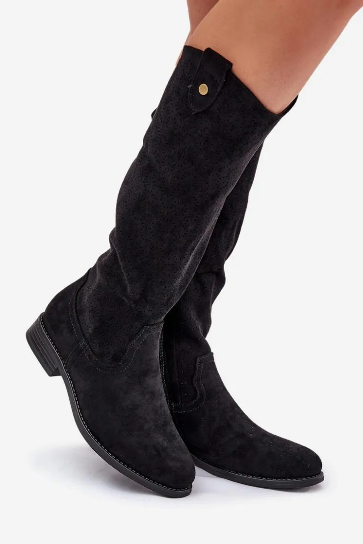 Damskie buty S.Barski Kozaki Wiosenne|Kozaki Ażurowe*Kozaki Na Płaskim Obcasie Z Ażurowym Wzorem S.Barski HY51-062 Czarne Czarny