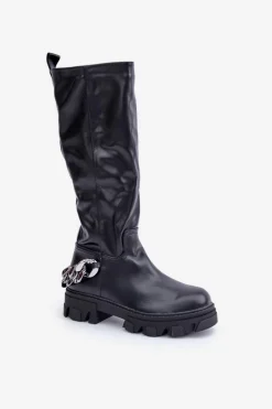 Boto Kozaki Ocieplane|Kozaki Płaskie*Kozaki Na Płaskim Obcasie Z Łańcuchem Czarne Nauricette