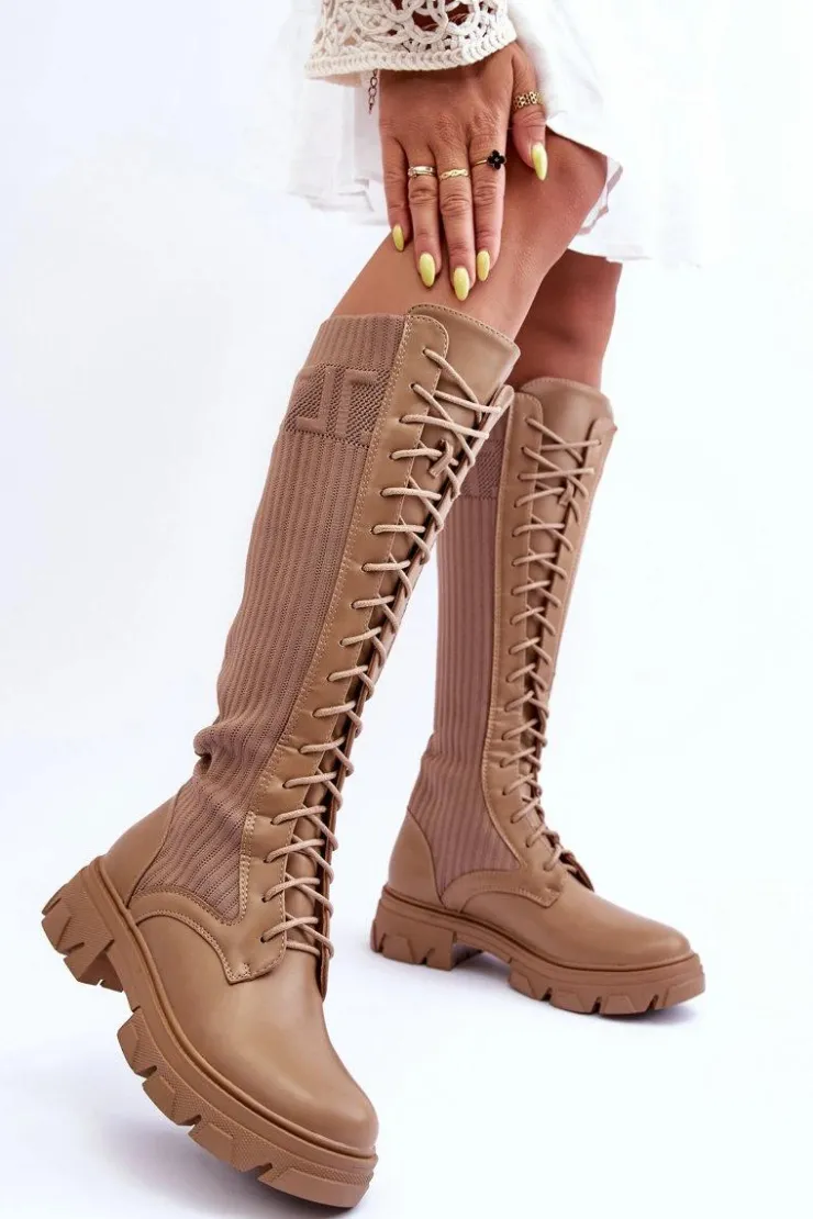 Damskie Boto Kozaki Na Płaskim Obcasie Ze Skarpetą Ciemnobeżowe Itona