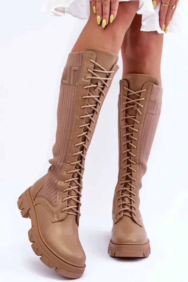 Damskie Boto Kozaki Na Płaskim Obcasie Ze Skarpetą Ciemnobeżowe Itona