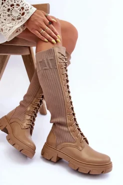 Damskie Boto Kozaki Na Płaskim Obcasie Ze Skarpetą Ciemnobeżowe Itona