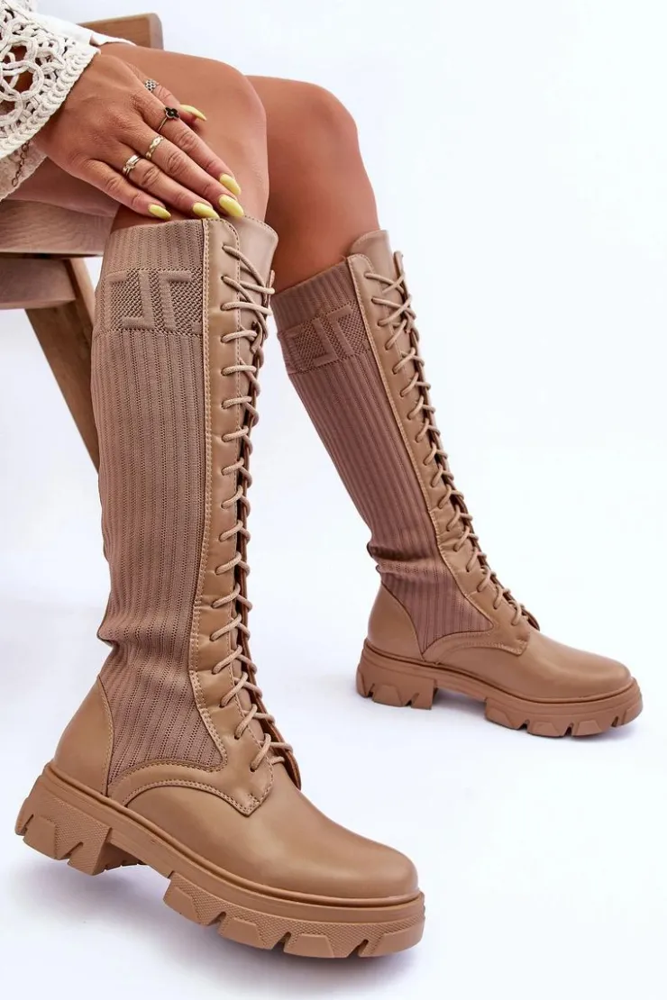 Damskie Boto Kozaki Na Płaskim Obcasie Ze Skarpetą Ciemnobeżowe Itona