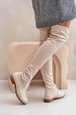 Clearance Boto Kozaki Na Płaskim Obcasie Za Kolano Z Eko Zamszu Beżowe Linnithia Beżowy