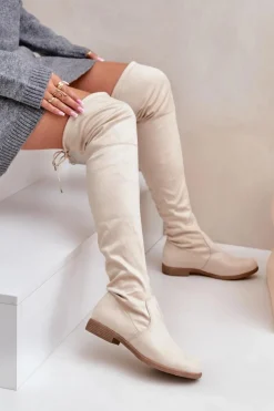 Clearance Boto Kozaki Na Płaskim Obcasie Za Kolano Z Eko Zamszu Beżowe Linnithia Beżowy