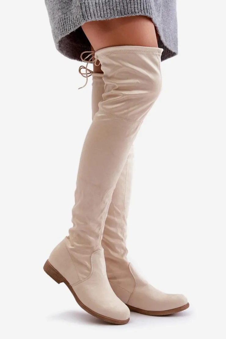 Clearance Boto Kozaki Na Płaskim Obcasie Za Kolano Z Eko Zamszu Beżowe Linnithia Beżowy