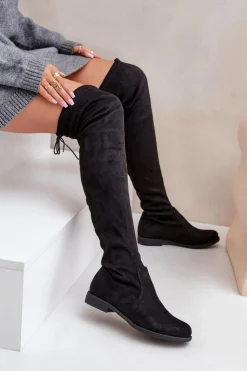 Boto Kozaki Na Płaskim Obcasie Za Kolano Z Eko Zamszu Czarne Linnithia